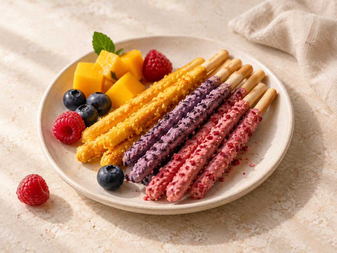 Editorial illustration: A small ivory ceramic plate holding crisp slender biscuit sticks coated in mango-orange, berry-purple and raspberry-pink coatings with fine fruit crumbs.