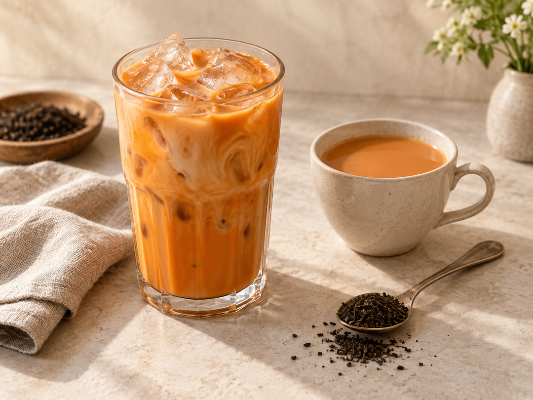 Illustrative still life of hot and iced Thai milk tea.