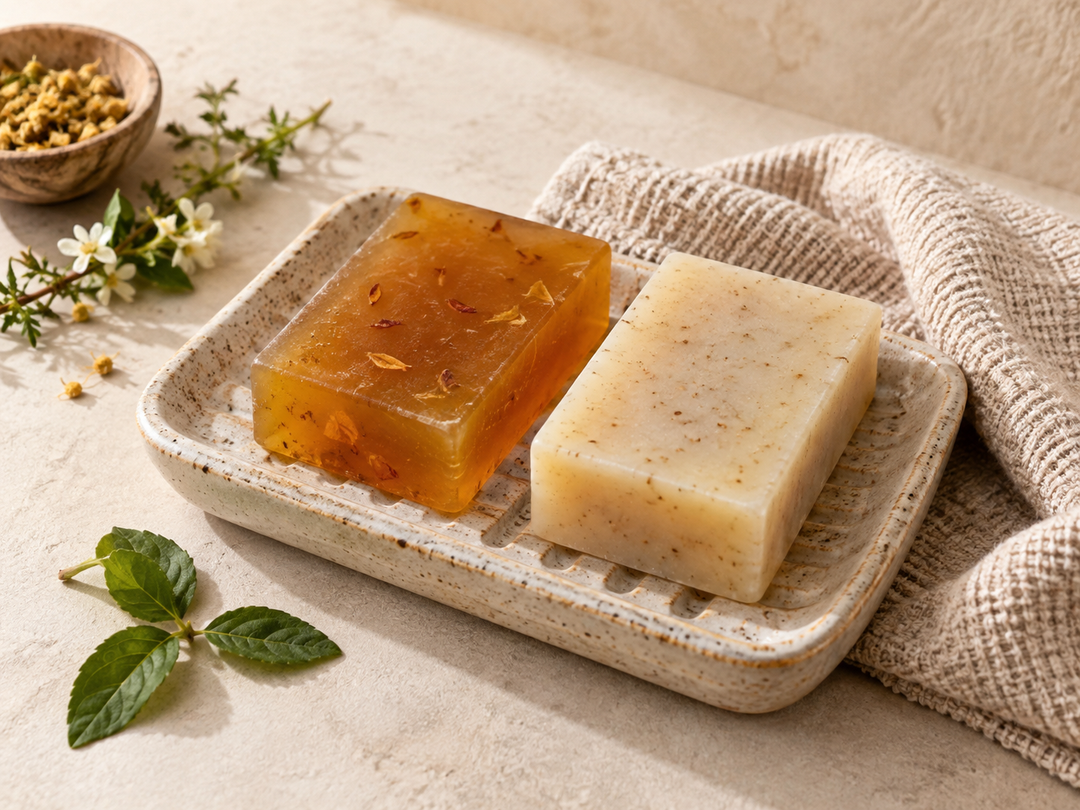 Editorial illustration: Two distinct unbranded rectangular herbal soap bars, one golden amber and one pale beige, neatly arranged on a ceramic soap tray with towel.