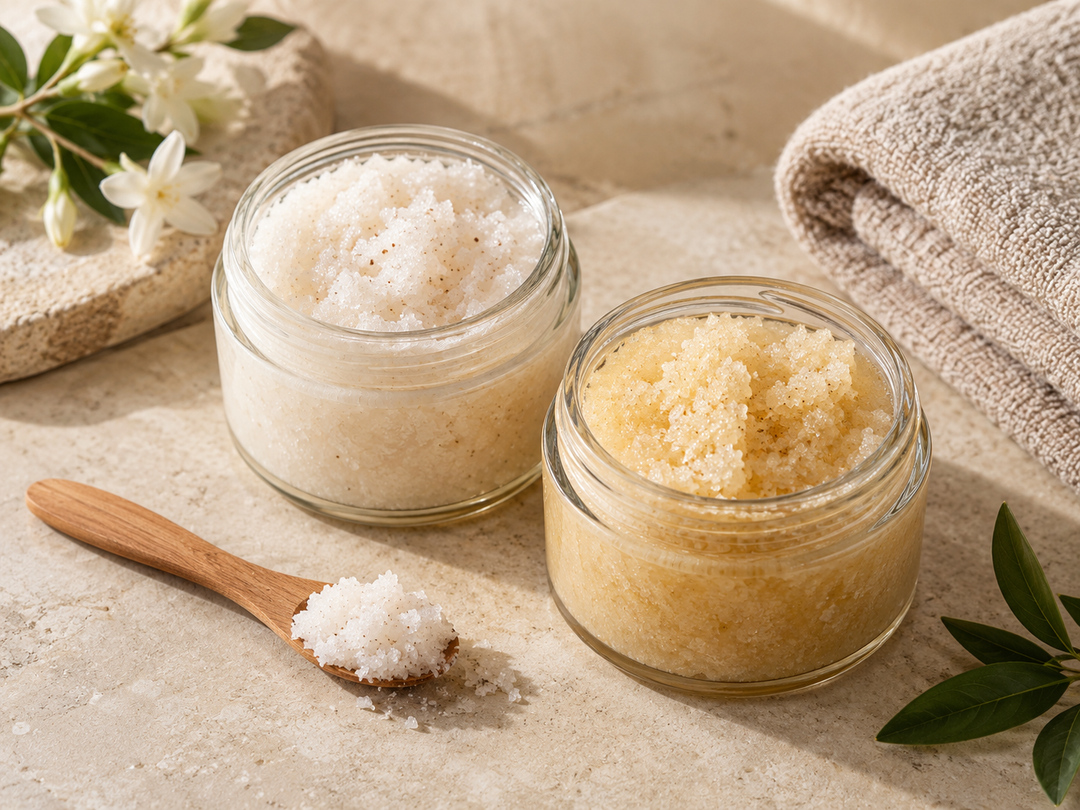 Editorial illustration: Two open cosmetic body-scrub jars showing white milky salt scrub and pale golden salt scrub, wooden spatula and folded towel.