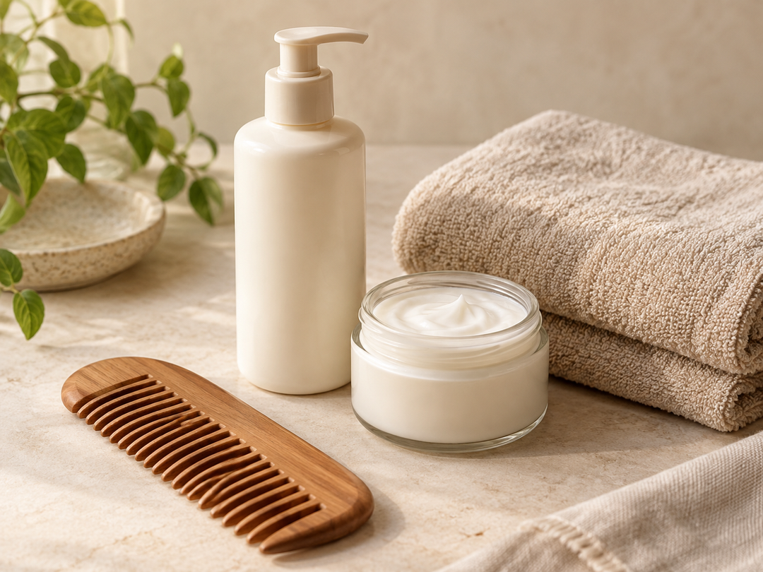 Editorial illustration: A plain cream-colored hair-cream bottle and a small open jar of white hair cream, wooden comb and folded towel.