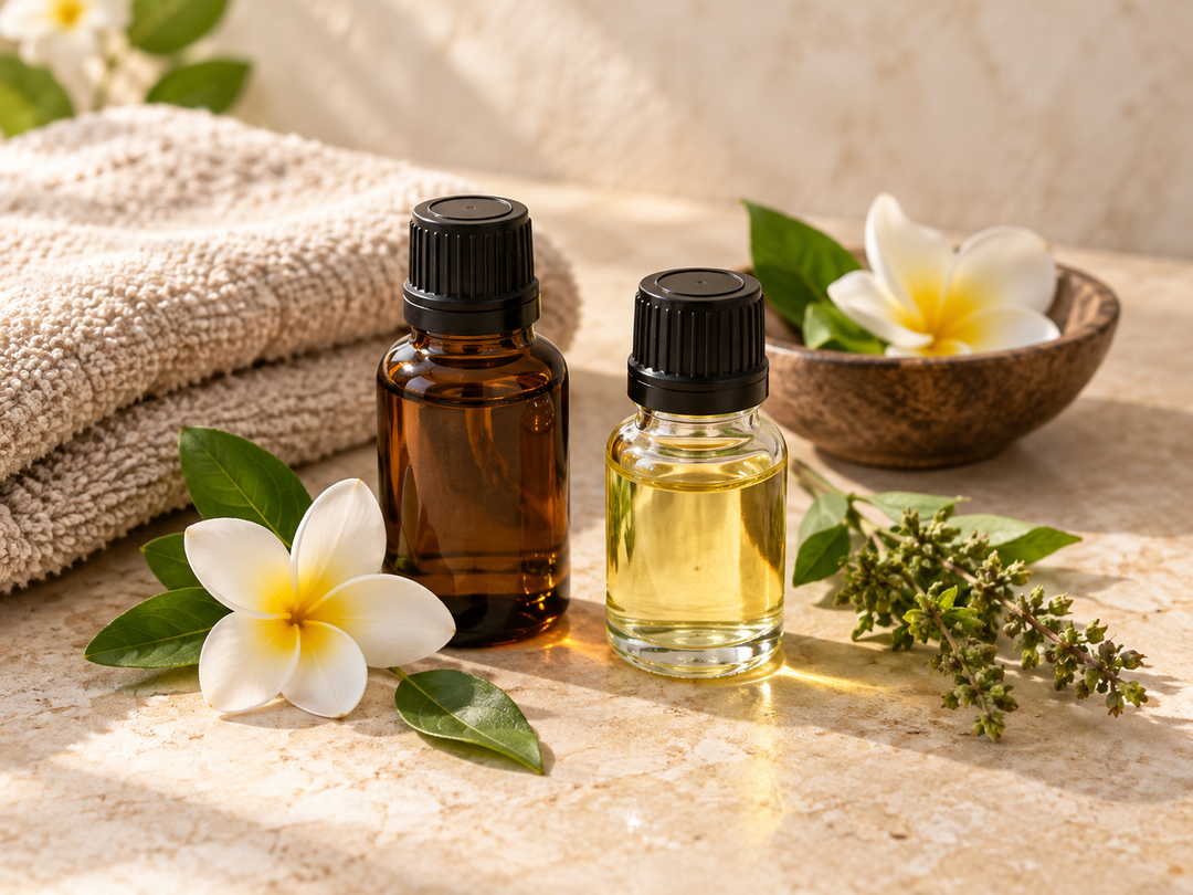 Editorial illustration: Two small unlabelled aromatic oil bottles, one amber glass and one clear glass, black caps and a spa towel, oils not beverages.
