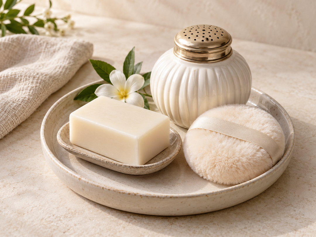 Editorial illustration: An ivory soap bar and an elegant unlabelled body-powder shaker with a powder puff on a ceramic beauty tray.