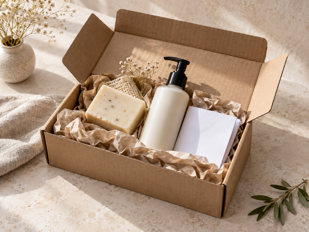 Editorial illustration: A compact open kraft shipping parcel with paper cushioning and plain soap and cosmetic bottle, a neatly folded blank packing slip, no logos or readable text.