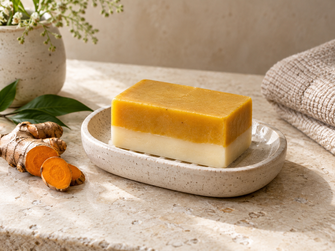 Editorial illustration: An unbranded two-tone rectangular soap bar with golden turmeric-yellow and cream-white layers, ceramic soap dish, small turmeric root and folded towel.