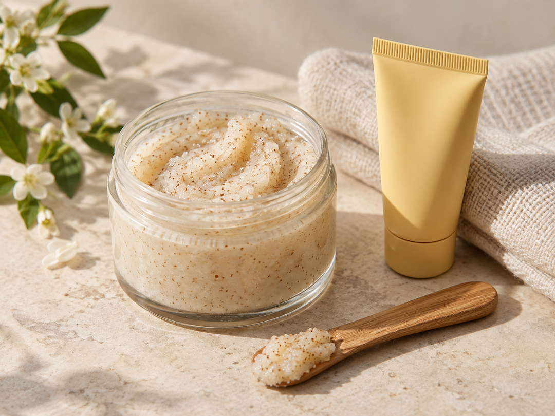 Editorial illustration: An open plain jar of creamy body salt scrub, small yellow cosmetic tube, wooden cosmetic spatula and folded towel.