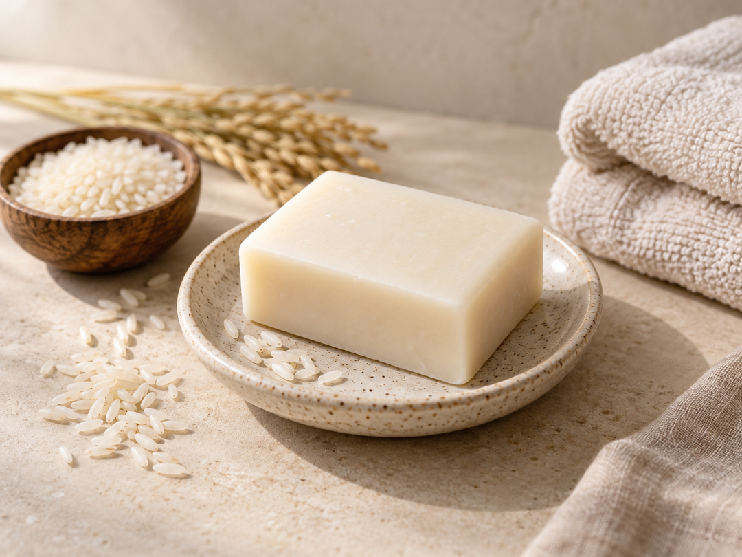 Editorial illustration: A plain ivory rice-milk soap bar on a ceramic soap dish, tiny scatter of dry rice grains and a folded spa towel.