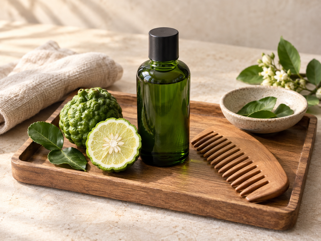 Editorial illustration: A plain green hair-tonic bottle with wooden comb, bumpy makrut lime and leaf on a tidy spa tray.