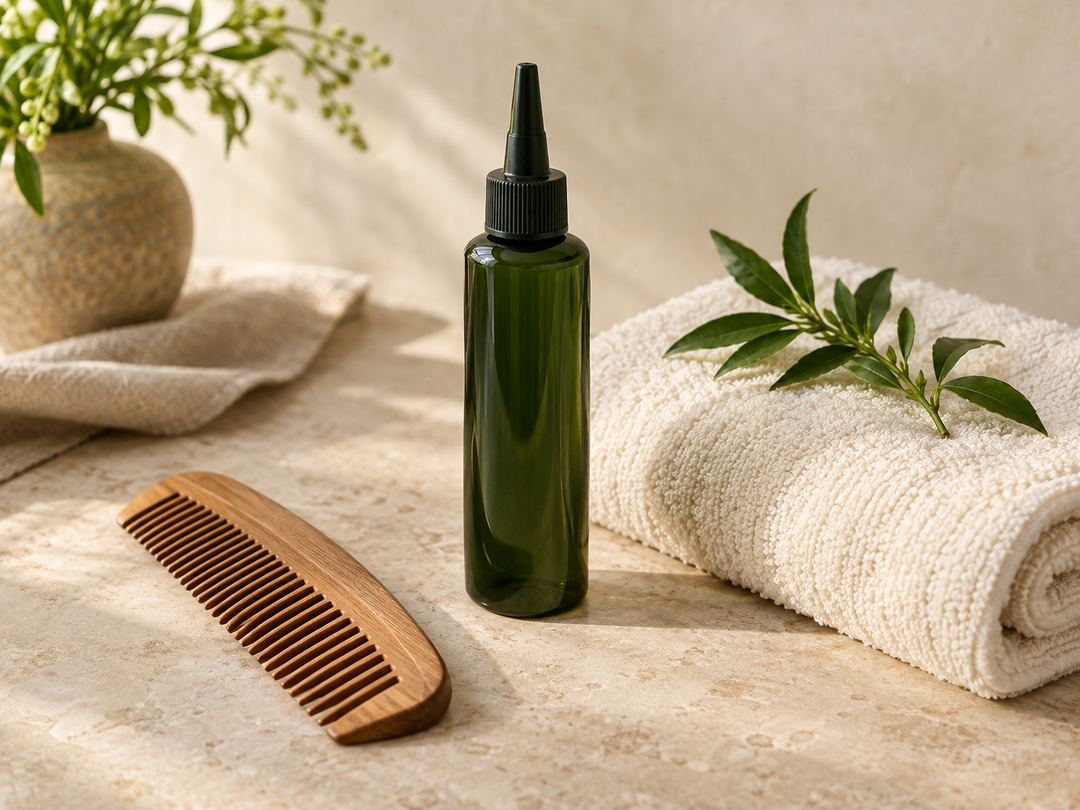 Editorial illustration: A slender dark green plain scalp-lotion bottle with narrow applicator cap, a wooden comb and a folded ivory towel.