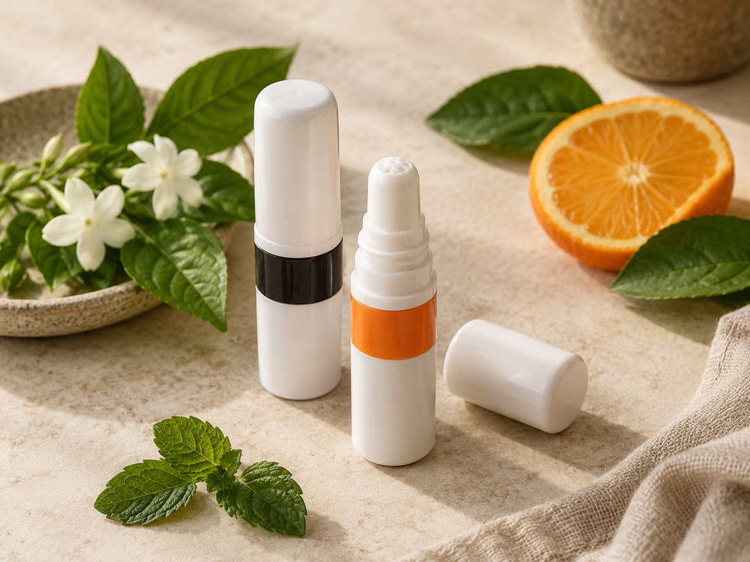 Editorial illustration: Two small unlabelled pocket inhaler tubes, one black-accented and one orange-accented, one cap removed showing inhaler tip, no brand.