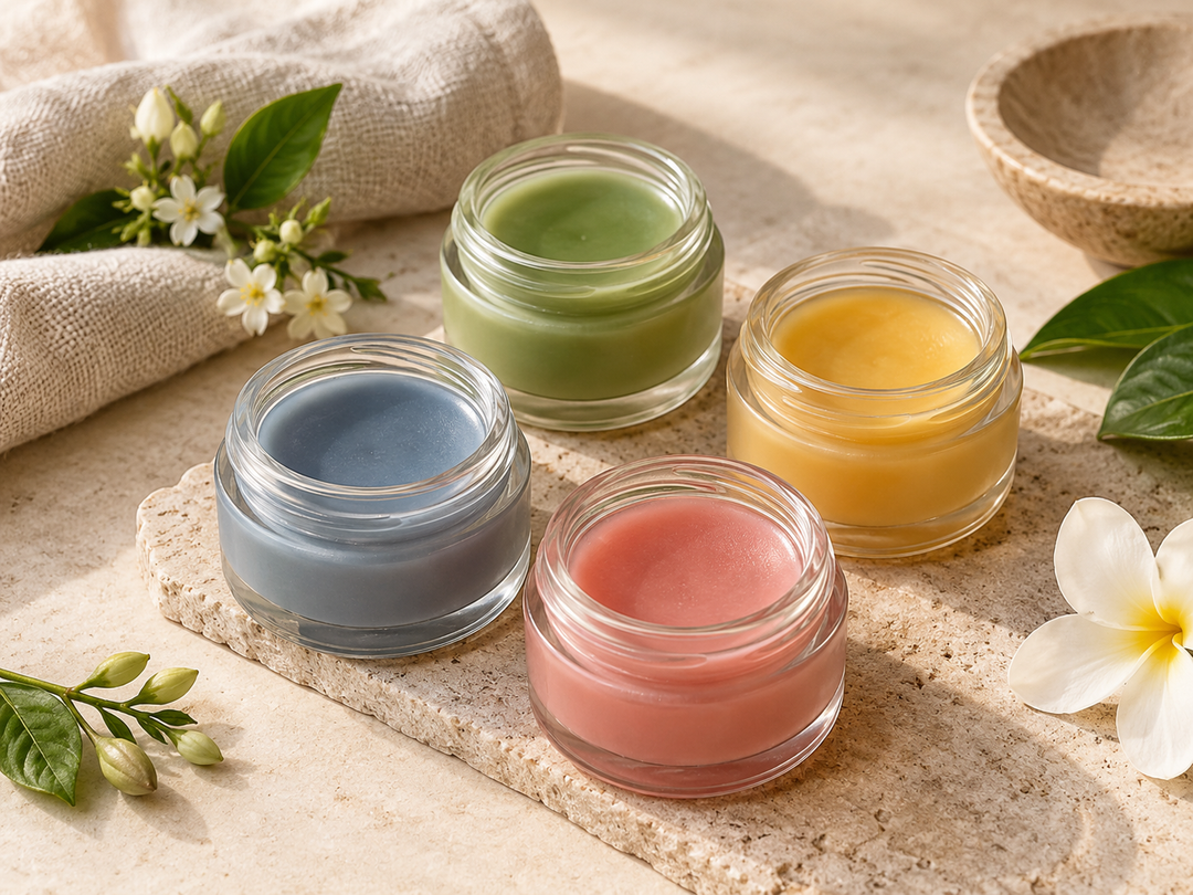 Editorial illustration: Four small open balm jars showing muted blue, green, golden yellow and pink balms, a compact coherent beauty arrangement, no label.