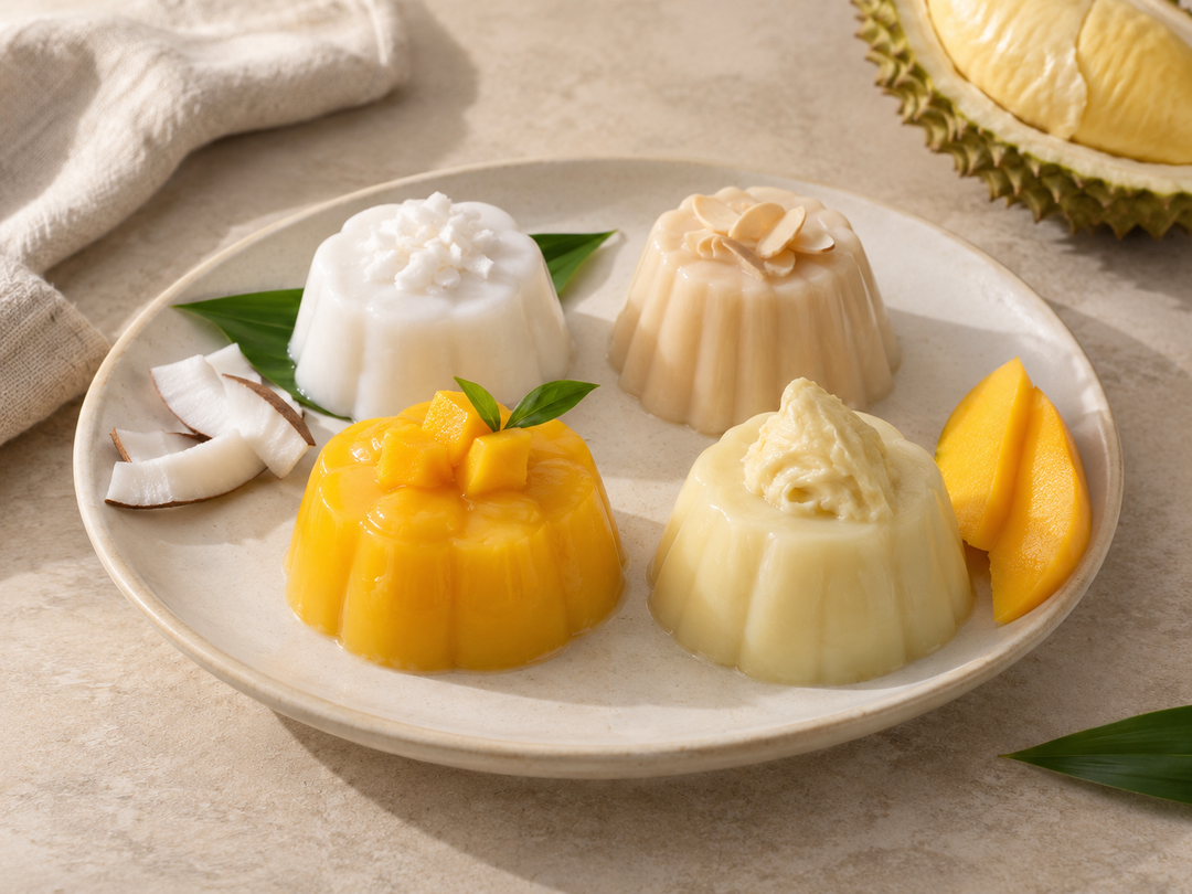 Editorial illustration: Four small agar dessert portions on one ivory platter, coconut-white, almond-ivory, mango-yellow and pale durian-cream, with a small mango slice and coconut piece nearby.