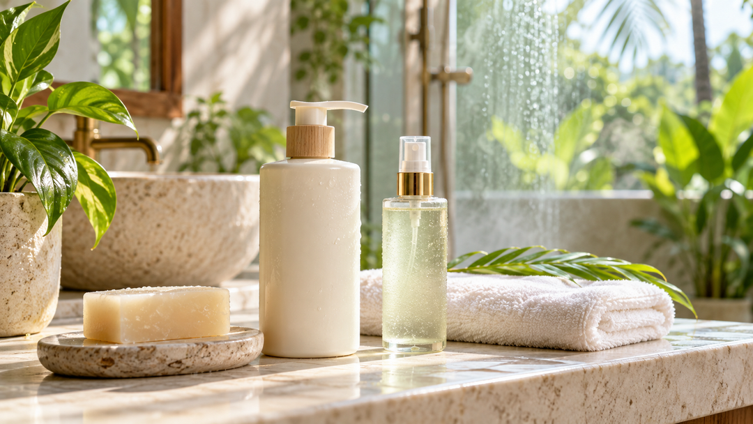 Lightweight body lotion, body mist, soap and a folded towel in an airy tropical bathroom