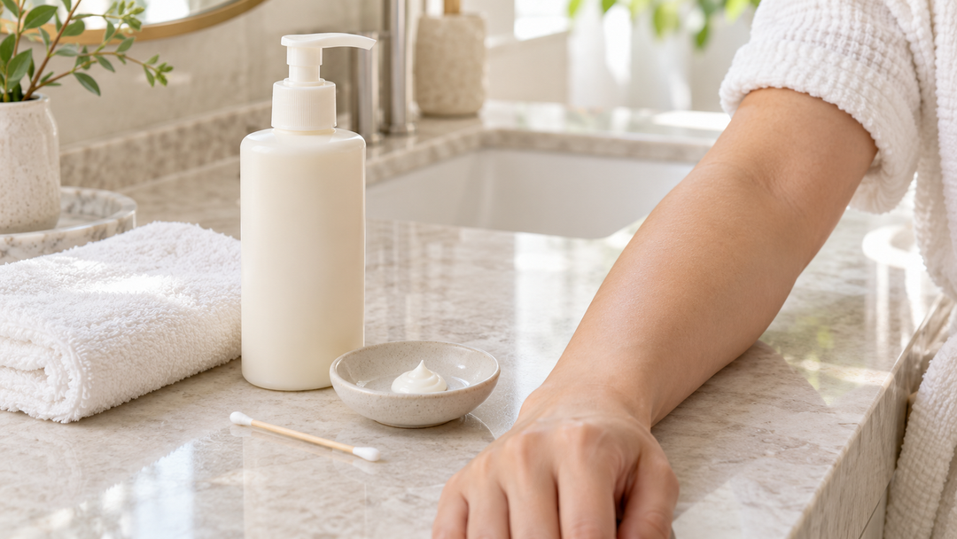 Unbranded body lotion, cotton swab and a small dish beside a clean forearm prepared for a patch test.