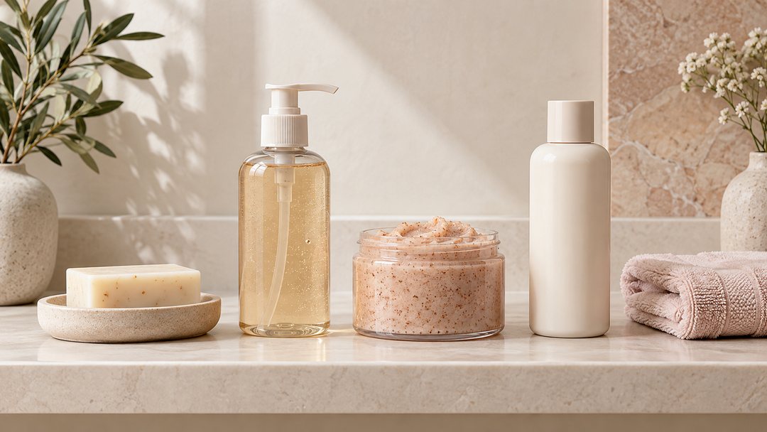 Soap, cleanser, body scrub and lotion arranged for a simple body-care routine