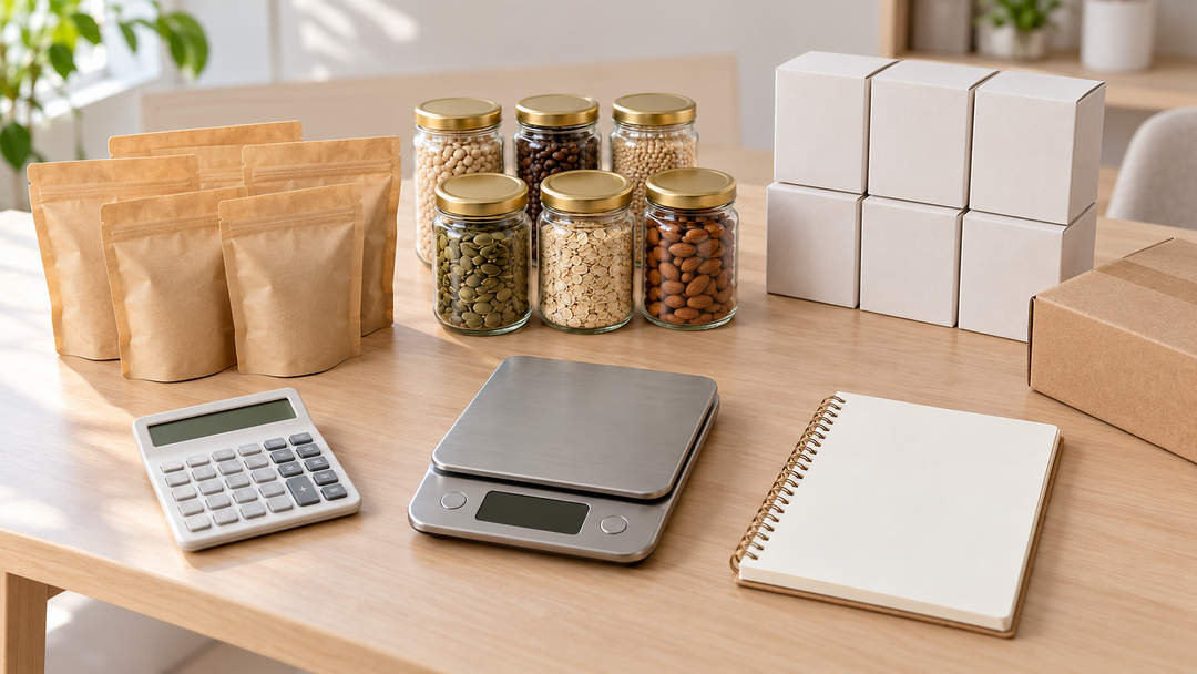 Unbranded pouches, jars and boxes arranged with a calculator, scale, parcel and blank notebook for value comparison.