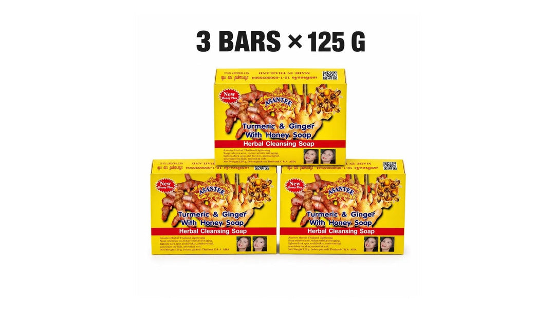 Three bars of ASANTEE turmeric ginger and honey Thai soap