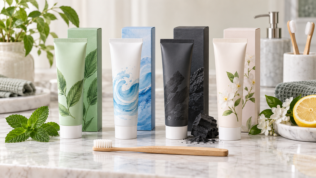 Four toothpaste styles with mint, charcoal, flowers and lemon on a bright vanity