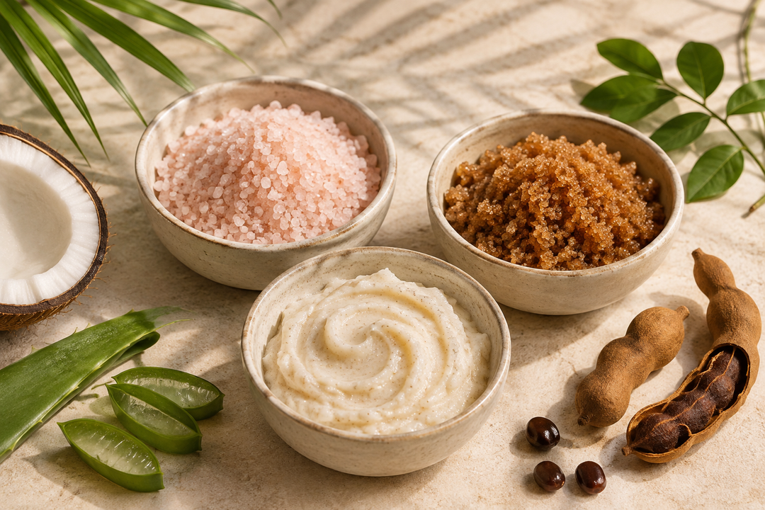 Salt, sugar and cream body scrubs with coconut, aloe vera and tamarind