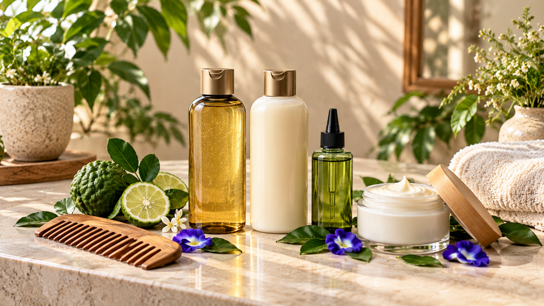 Shampoo, conditioner, scalp tonic and hair mask with kaffir lime, butterfly pea flowers and a wooden comb.