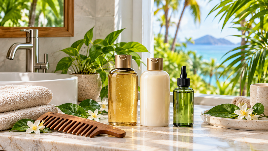Shampoo, conditioner, scalp tonic and a wooden comb on a bright tropical bathroom vanity.