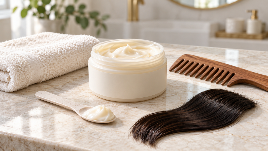 Open unbranded hair mask jar with a measured spoonful, wide-tooth comb, towel and dark hair swatch.