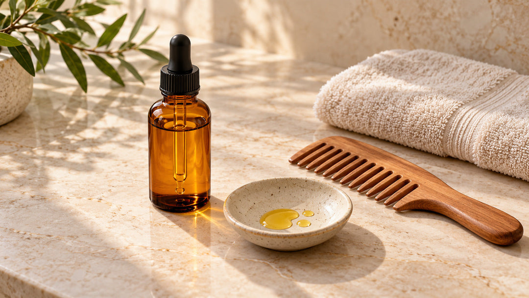 Amber hair oil bottle, ceramic dish, wooden comb and folded towel on a warm vanity