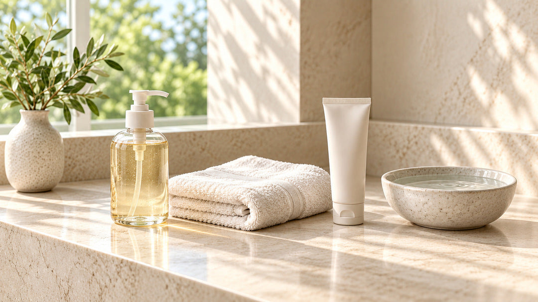 Unbranded hand wash, folded towel, hand cream tube and water bowl on a warm stone counter