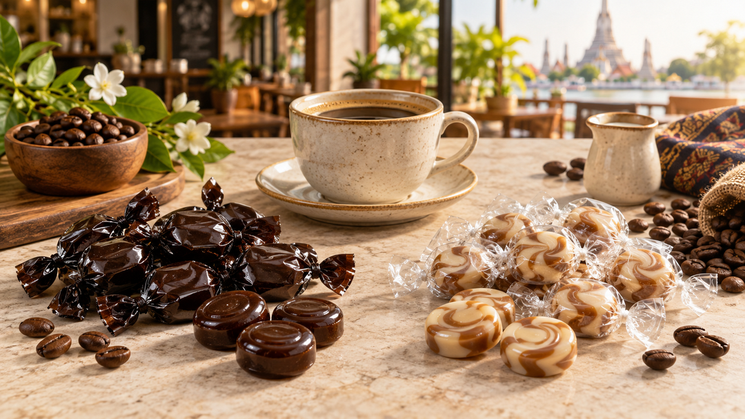 Coffee and cappuccino candies beside Thai coffee in an editorial comparison
