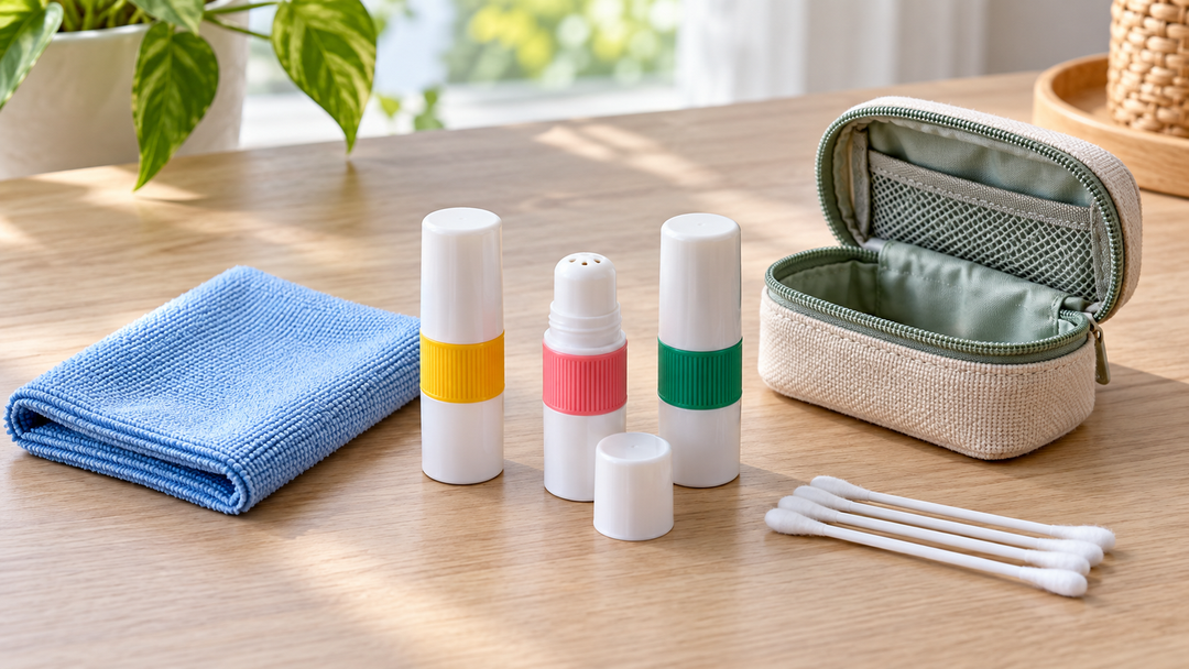 Three personal herbal inhalers with a clean cloth, cotton swabs and an open storage pouch