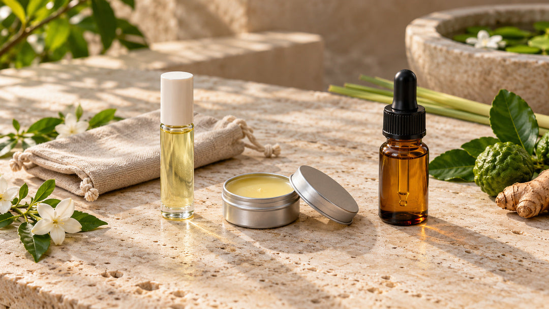 Unbranded roll-on, balm tin and dropper oil bottle arranged beside a linen pouch