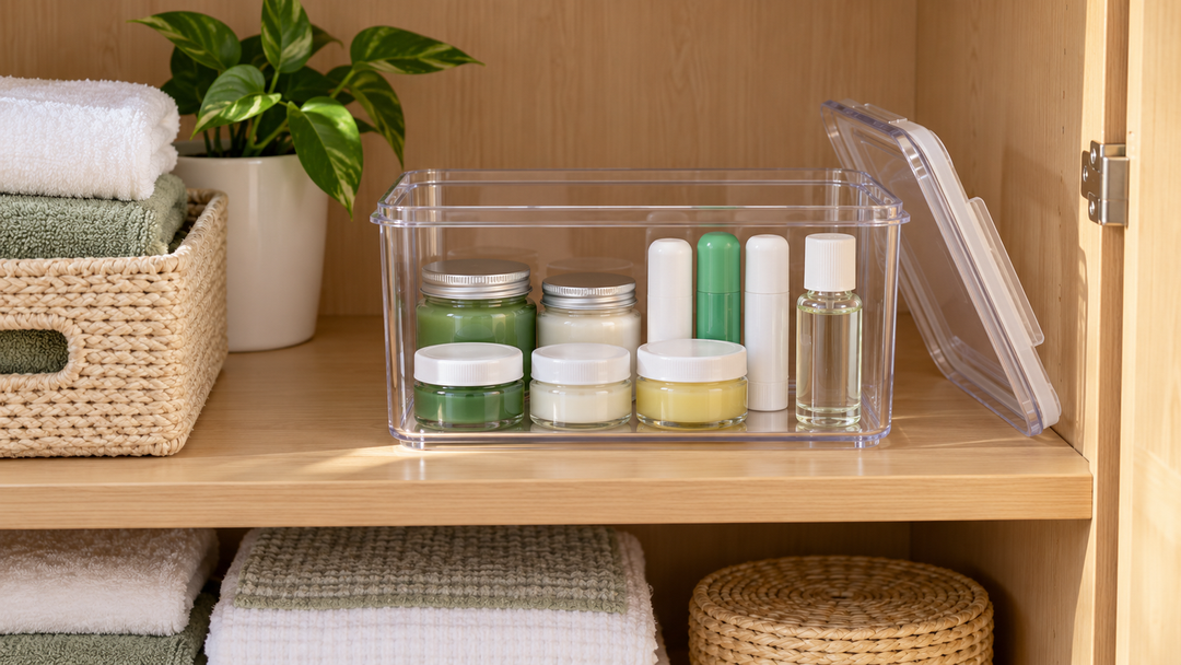 Closed unbranded balm jars, inhaler tubes and oil bottle organised in a clear storage box on a high shelf.