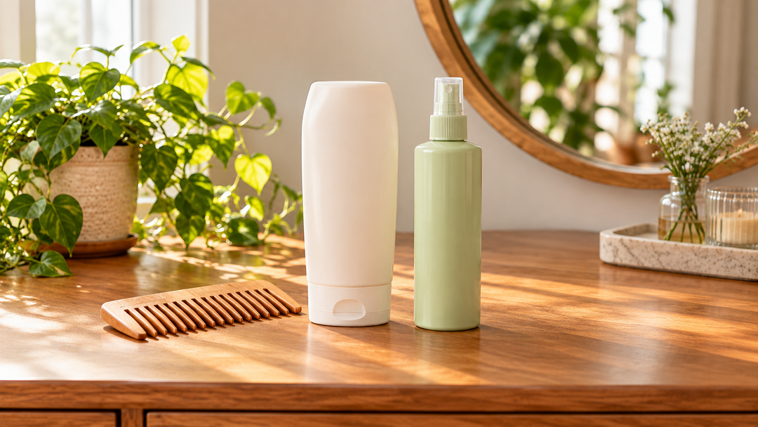 Unbranded rinse-out conditioner and leave-in spray bottles beside a wooden comb on a sunlit dressing table.