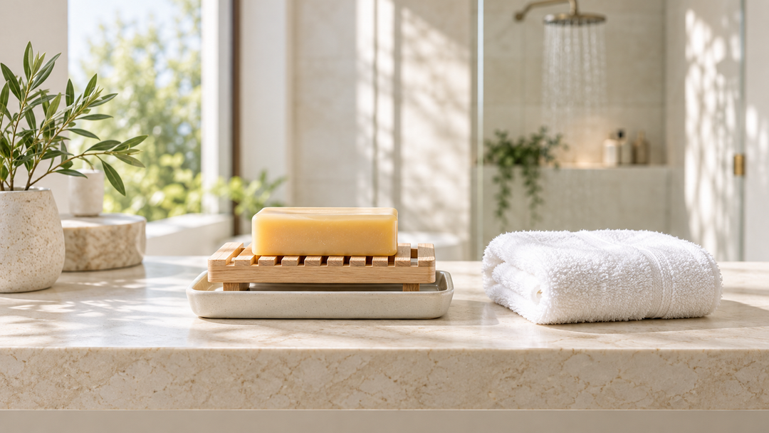 A golden soap bar on a raised wooden draining dish above a ceramic tray beside a white towel.