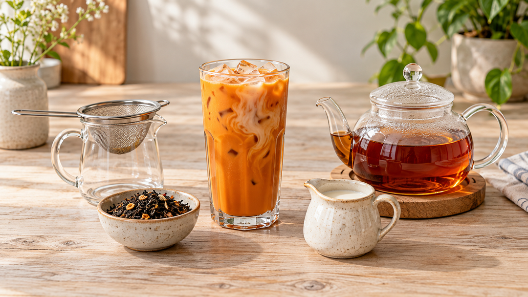 Iced Thai milk tea with a glass teapot, loose tea leaves, a fine strainer and a small milk jug.