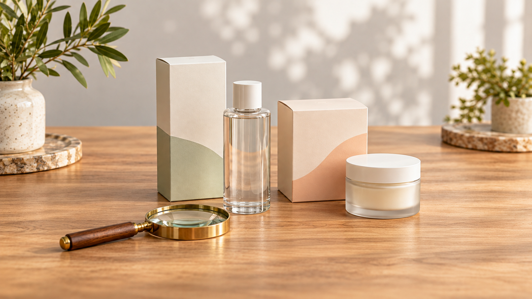 Two unbranded cosmetic cartons, a clear bottle and a cream jar with a magnifying glass on a wooden table.