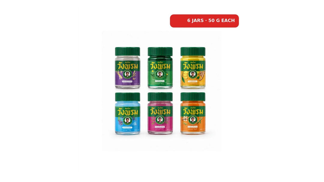 Six colour-coded Wang Prom Thai herbal balm jars in a mixed assortment