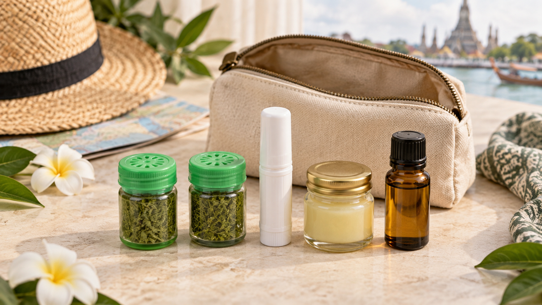 Thai-style herbal inhalers, balm and aromatic oil arranged beside a travel pouch