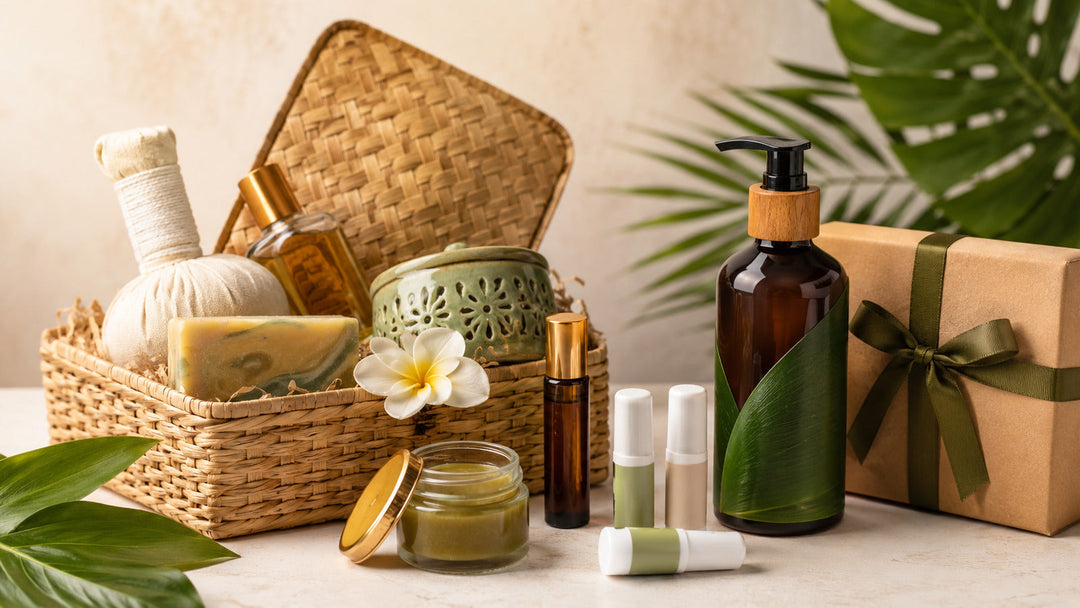Thai beauty and wellness gift selection with balms, inhalers, soaps and hair care