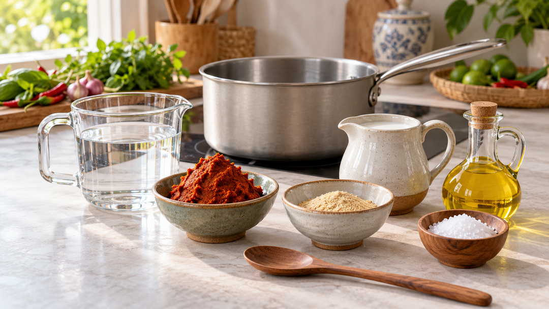 Bowls of Thai curry paste and seasoning powder beside water, coconut milk, oil, salt and a saucepan.