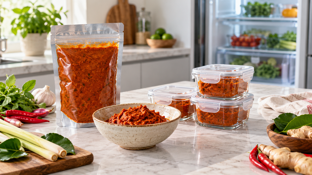 Thai curry paste, portion containers and a refrigerator arranged for safe storage after opening