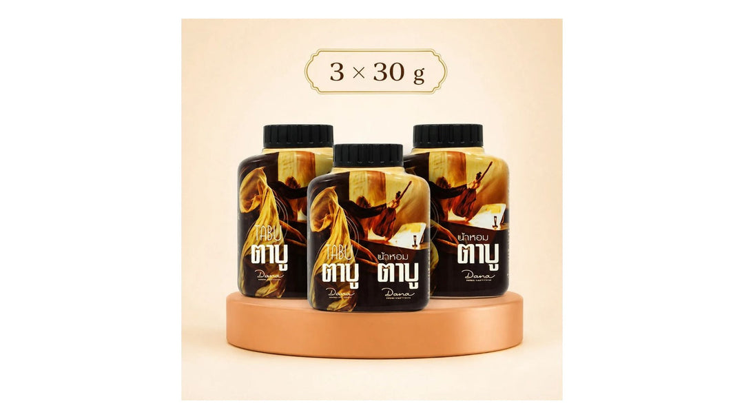 Three compact bottles of Tabu fragrant body powder by Dana