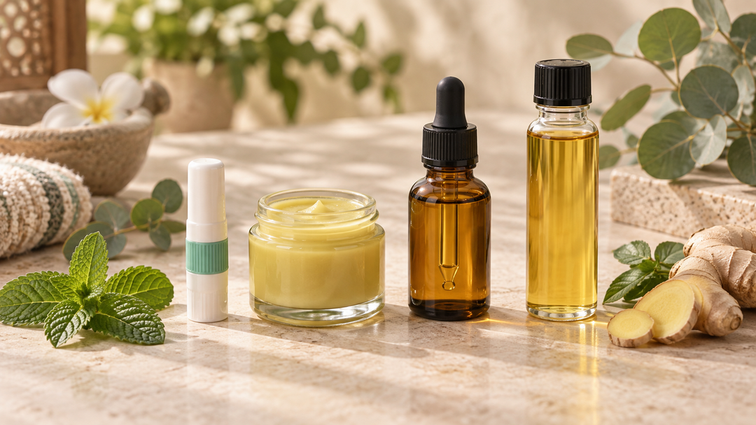 Pocket inhaler, herbal balm, oil and liniment in a Thai wellness still life