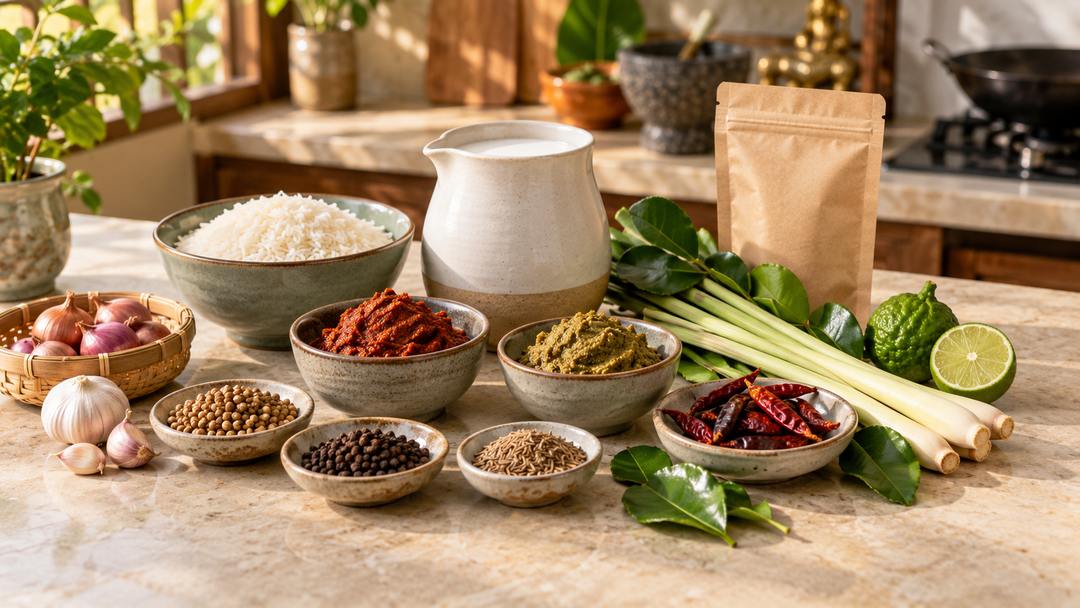 A Thai pantry starter set with rice, curry pastes, coconut milk, herbs and spices on a kitchen counter