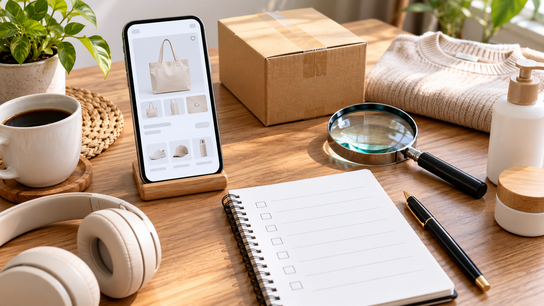 Generic product packages, smartphone, parcel, magnifying glass and an empty checklist on a desk