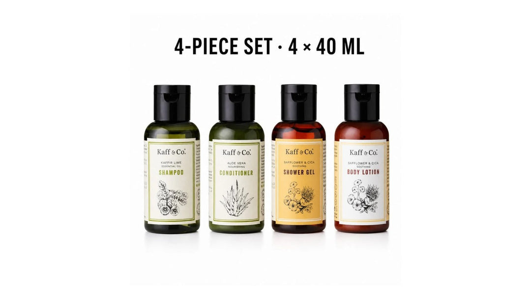 Kaff and Co travel set with four 40 ml hair and body care bottles