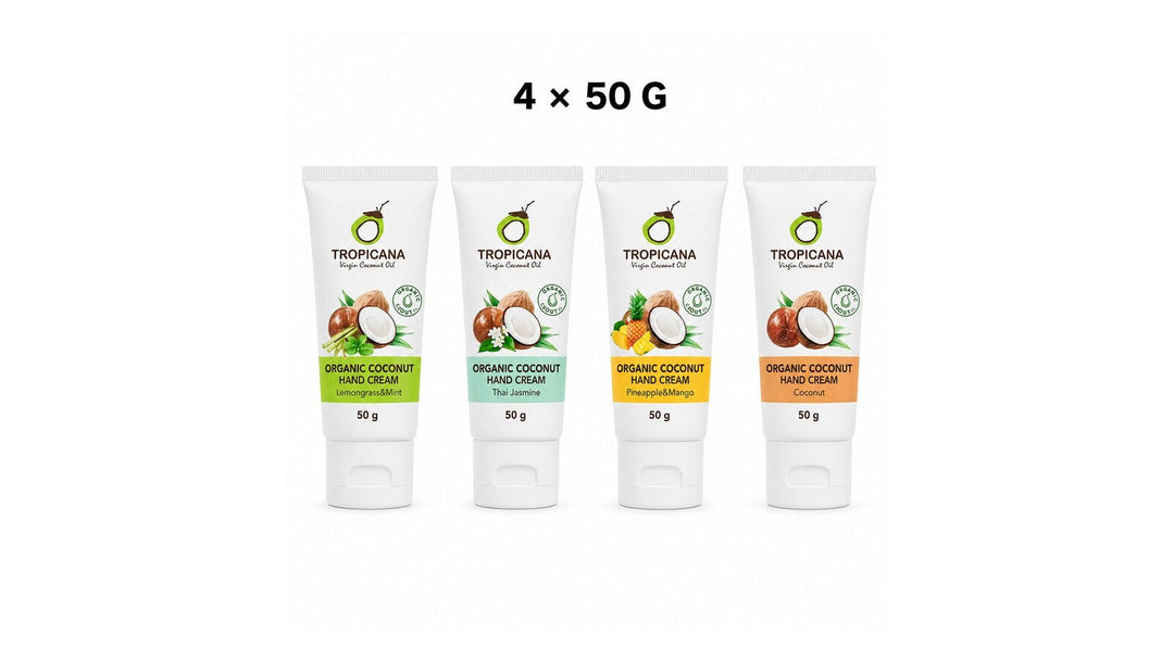 Tropicana Organic Coconut Hand Cream discovery set with four 50 g tubes