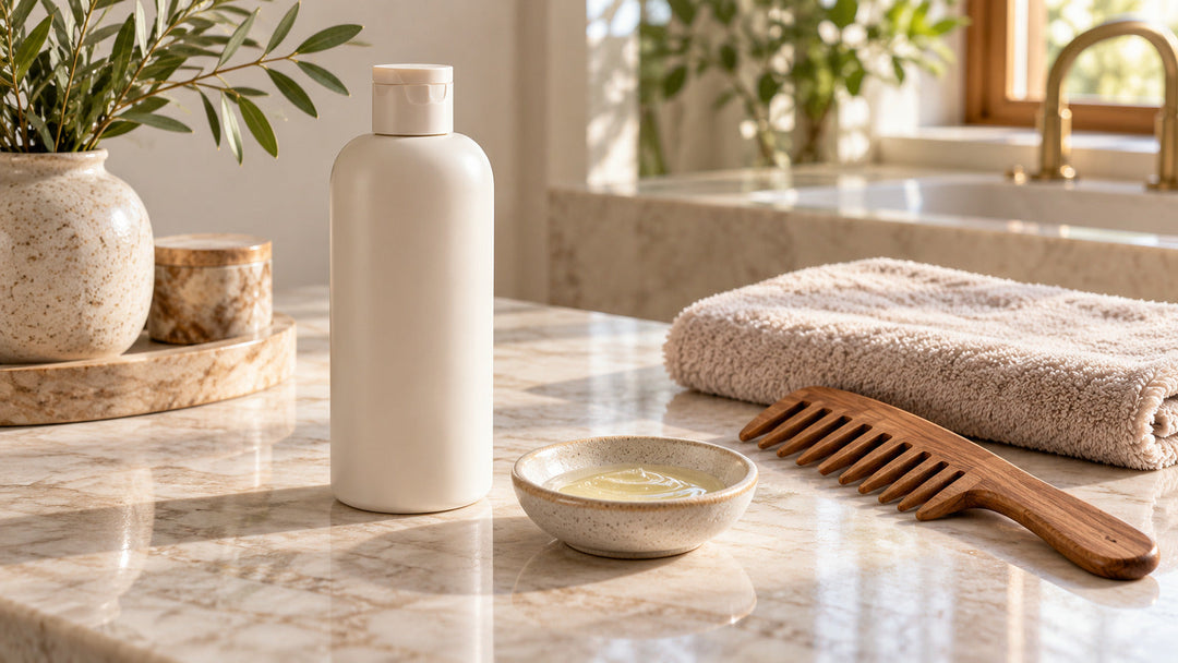 Unbranded shampoo bottle with a measured portion in a ceramic dish, comb and folded towel