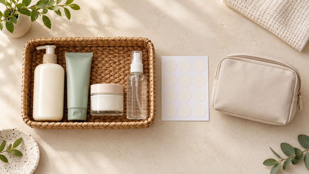 Woven tray of unbranded toiletries beside blank date stickers and a zipped toiletry pouch
