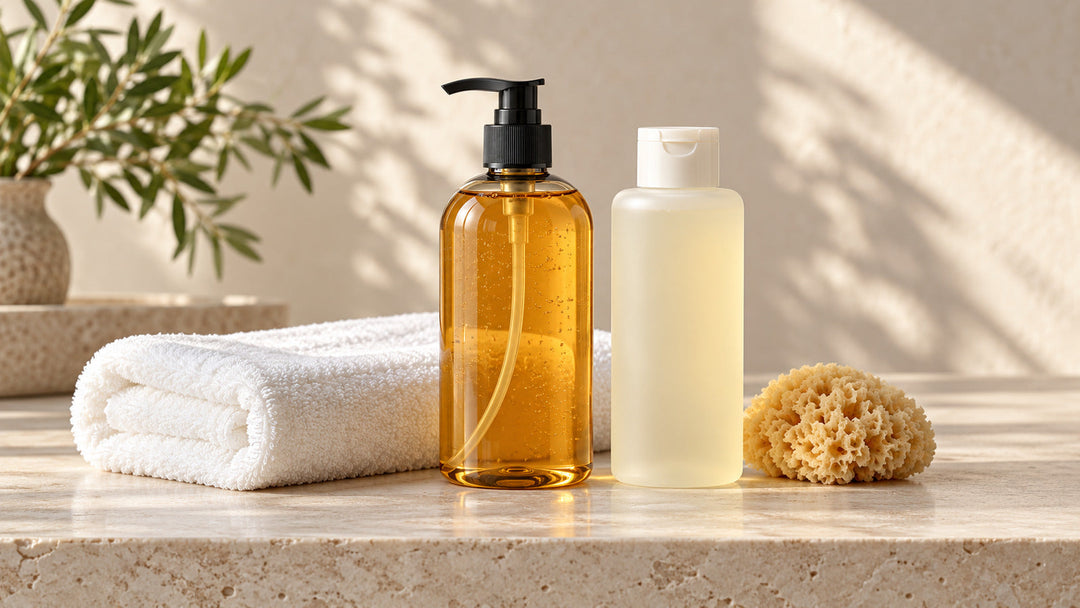 Unbranded amber pump and frosted flip-cap shower gel bottles with a towel and natural sponge